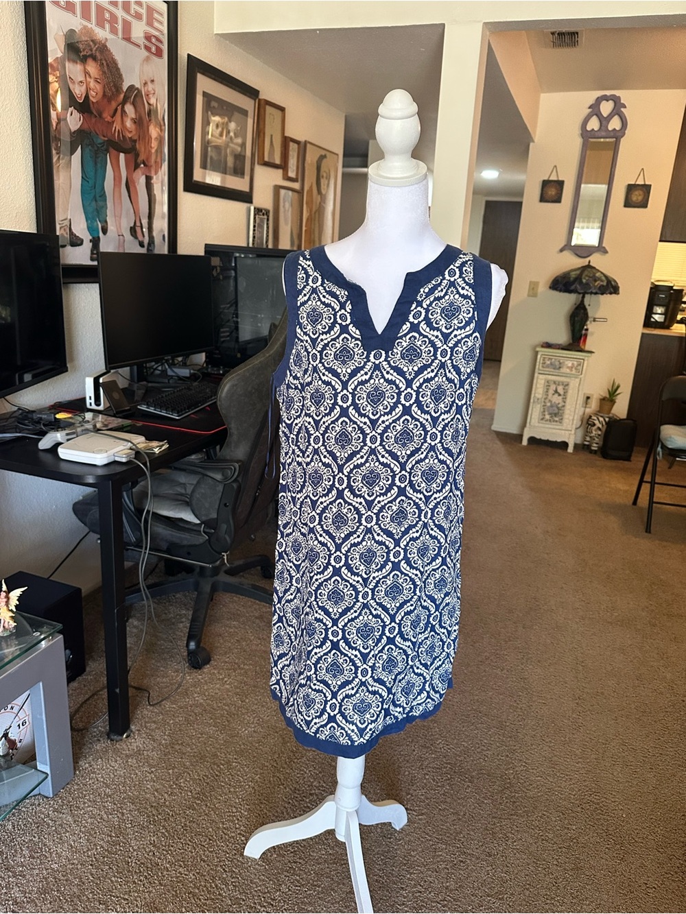 Sigrid Olsen Navy & White Sleeveless Printed Shift Dress